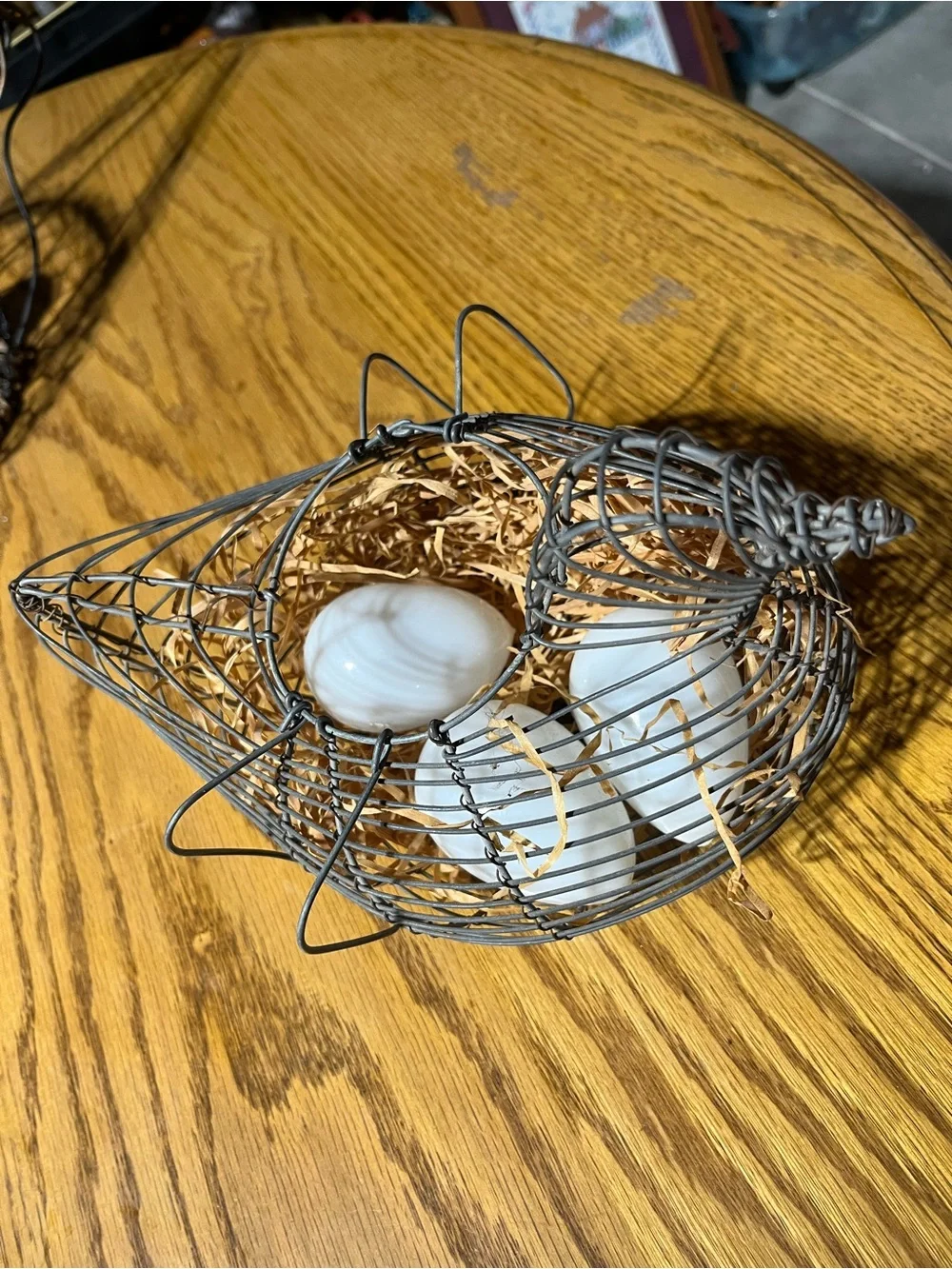Wire Chicken Basket with Decorative White Glass Handblown Eggs